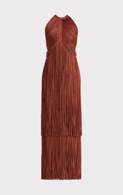 Dresses|Gowns-Hervé Léger METALLIC DRAPED FRINGE HALTER GOWN METALLIC REDWOOD