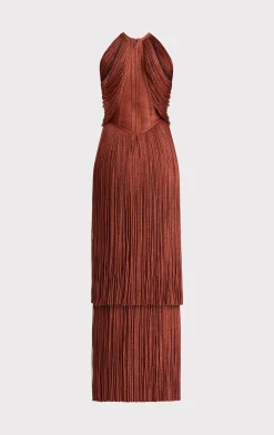 Dresses|Gowns-Hervé Léger METALLIC DRAPED FRINGE HALTER GOWN METALLIC REDWOOD
