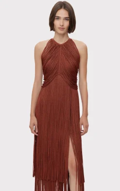 Dresses|Gowns-Hervé Léger METALLIC DRAPED FRINGE HALTER GOWN METALLIC REDWOOD