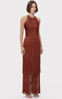 Dresses|Gowns-Hervé Léger METALLIC DRAPED FRINGE HALTER GOWN METALLIC REDWOOD