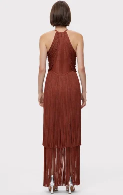 Dresses|Gowns-Hervé Léger METALLIC DRAPED FRINGE HALTER GOWN METALLIC REDWOOD