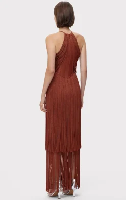 Dresses|Gowns-Hervé Léger METALLIC DRAPED FRINGE HALTER GOWN METALLIC REDWOOD