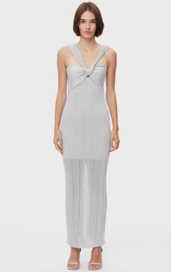 Dresses|Gowns-Hervé Léger METALLIC TEXTURED RIB GOWN METALLIC SILVER