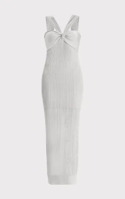 Dresses|Gowns-Hervé Léger METALLIC TEXTURED RIB GOWN METALLIC SILVER