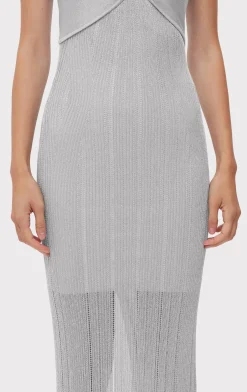 Dresses|Gowns-Hervé Léger METALLIC TEXTURED RIB GOWN METALLIC SILVER