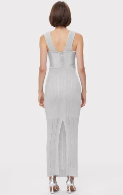 Dresses|Gowns-Hervé Léger METALLIC TEXTURED RIB GOWN METALLIC SILVER