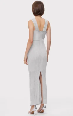 Dresses|Gowns-Hervé Léger METALLIC TEXTURED RIB GOWN METALLIC SILVER