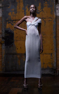 Dresses|Gowns-Hervé Léger METALLIC TEXTURED RIB GOWN METALLIC SILVER