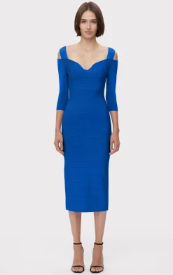 Dresses-Hervé Léger NOTCHED BATEAU MIDI DRESS BRIGHT BLUE