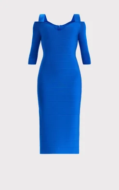 Dresses-Hervé Léger NOTCHED BATEAU MIDI DRESS BRIGHT BLUE