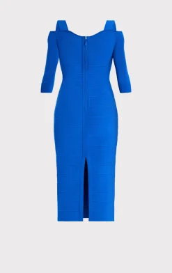 Dresses-Hervé Léger NOTCHED BATEAU MIDI DRESS BRIGHT BLUE