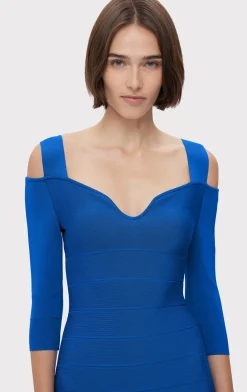 Dresses-Hervé Léger NOTCHED BATEAU MIDI DRESS BRIGHT BLUE