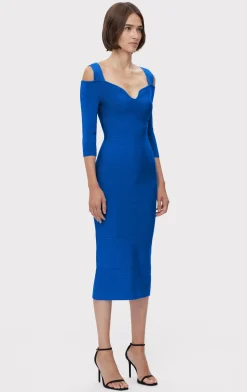 Dresses-Hervé Léger NOTCHED BATEAU MIDI DRESS BRIGHT BLUE