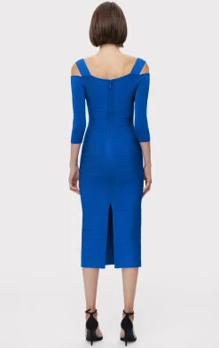 Dresses-Hervé Léger NOTCHED BATEAU MIDI DRESS BRIGHT BLUE