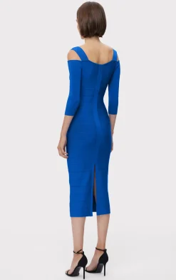 Dresses-Hervé Léger NOTCHED BATEAU MIDI DRESS BRIGHT BLUE