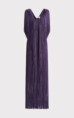 Dresses|Gowns-Hervé Léger PLUNGING FRINGE GOWN PLUM