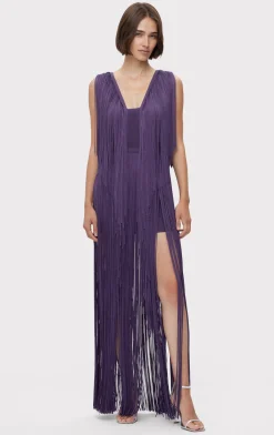 Dresses|Gowns-Hervé Léger PLUNGING FRINGE GOWN PLUM
