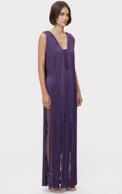 Dresses|Gowns-Hervé Léger PLUNGING FRINGE GOWN PLUM