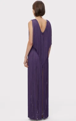 Dresses|Gowns-Hervé Léger PLUNGING FRINGE GOWN PLUM