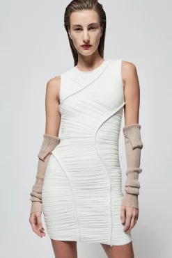 Dresses-Hervé Léger RUCHED MESH MINI DRESS ALABASTER