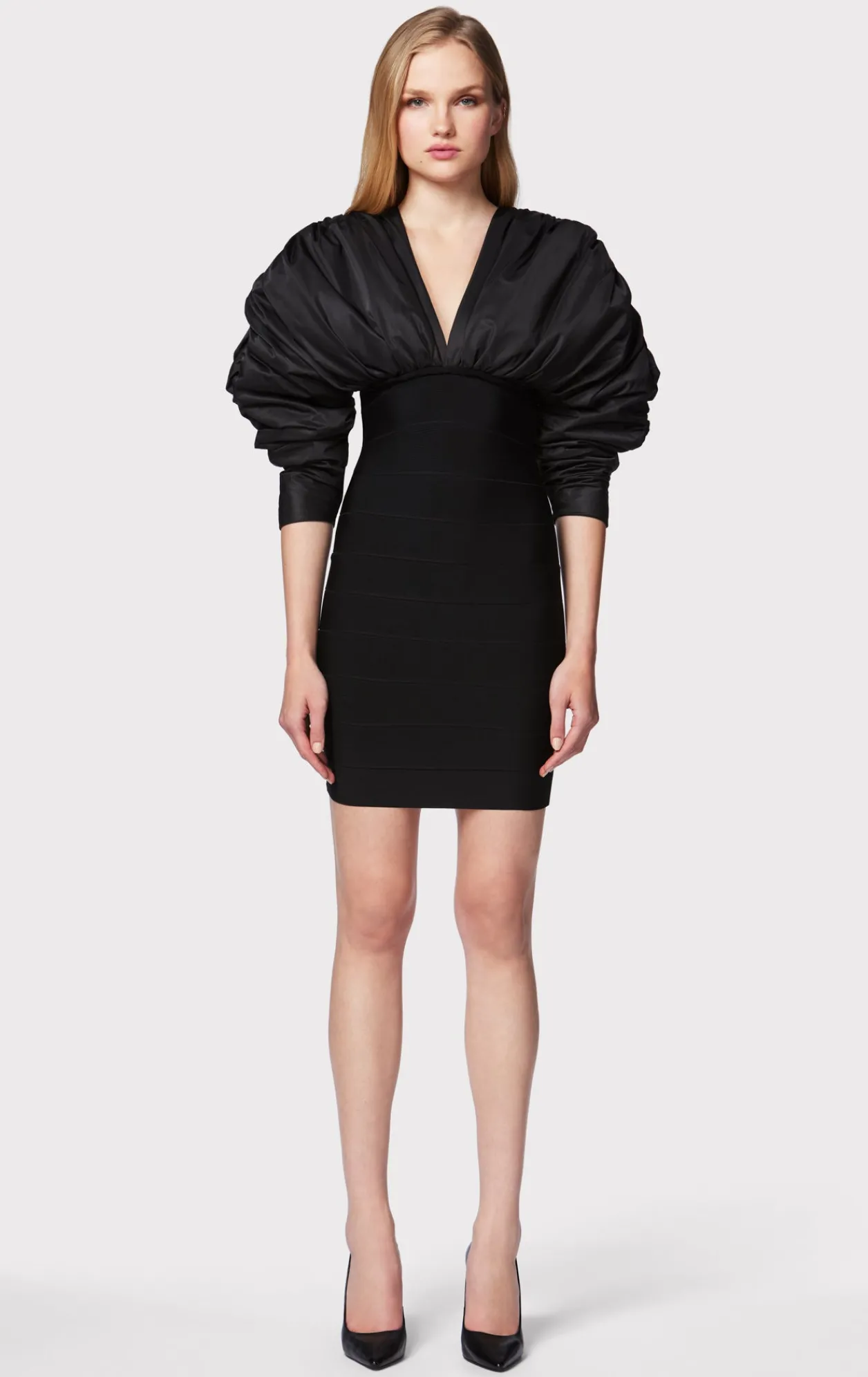 Dresses-Hervé Léger RUCHED NYLON MINI DRESS BLACK