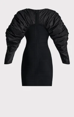 Dresses-Hervé Léger RUCHED NYLON MINI DRESS BLACK