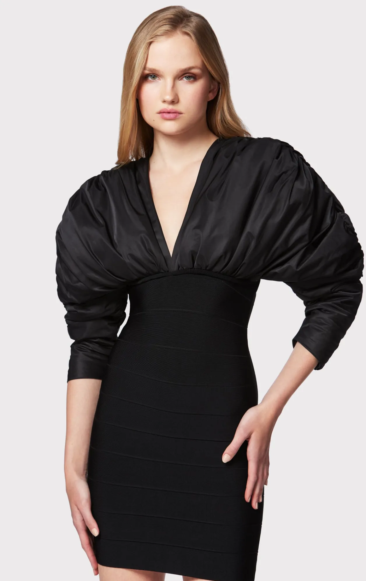 Dresses-Hervé Léger RUCHED NYLON MINI DRESS BLACK