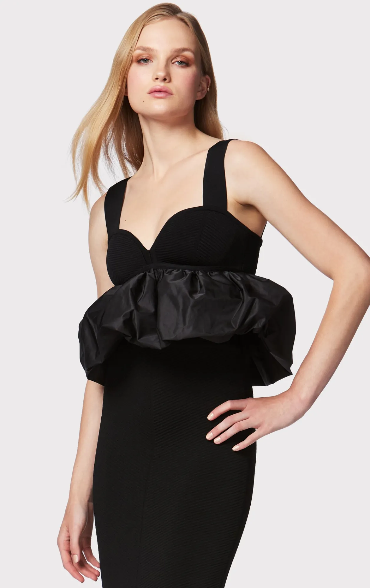 Dresses|Gowns-Hervé Léger RUCHED NYLON PEPLUM GOWN BLACK