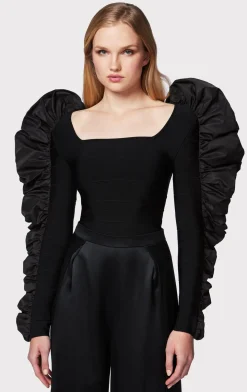 Separates|Tops-Hervé Léger RUCHED NYLON RUFFLE TOP BLACK