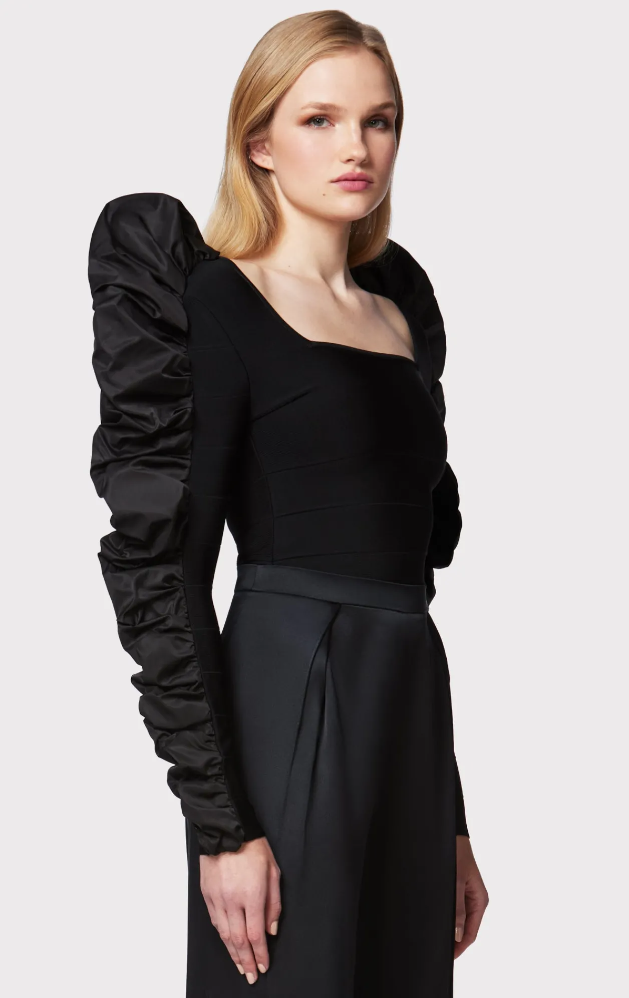 Separates|Tops-Hervé Léger RUCHED NYLON RUFFLE TOP BLACK
