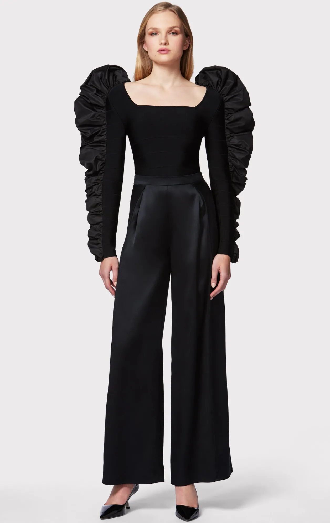 Separates|Tops-Hervé Léger RUCHED NYLON RUFFLE TOP BLACK
