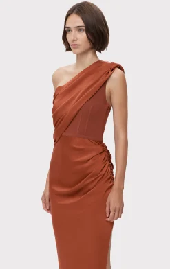 Dresses|Gowns-Hervé Léger RUCHED WOVEN COMBO GOWN REDWOOD