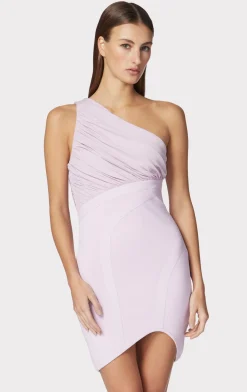 Dresses-Hervé Léger RUCHED WOVEN MIX ONE SHOULDER MINI DRESS LIGHT PEONY