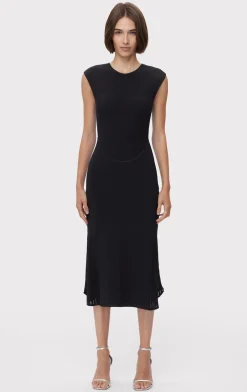 Dresses-Hervé Léger SHEER FLUTED STRIPE FLARE MIDI DRESS BLACK