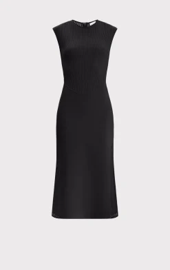 Dresses-Hervé Léger SHEER FLUTED STRIPE FLARE MIDI DRESS BLACK