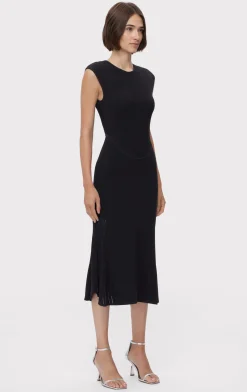 Dresses-Hervé Léger SHEER FLUTED STRIPE FLARE MIDI DRESS BLACK