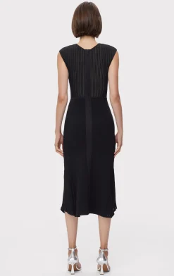 Dresses-Hervé Léger SHEER FLUTED STRIPE FLARE MIDI DRESS BLACK