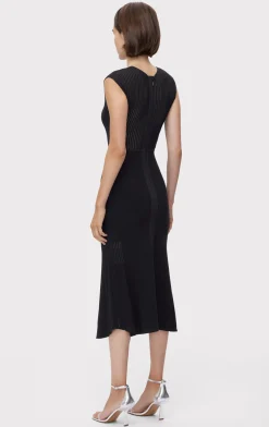 Dresses-Hervé Léger SHEER FLUTED STRIPE FLARE MIDI DRESS BLACK