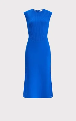 Dresses-Hervé Léger SHEER FLUTED STRIPE FLARE MIDI DRESS BRIGHT BLUE