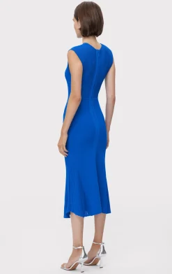Dresses-Hervé Léger SHEER FLUTED STRIPE FLARE MIDI DRESS BRIGHT BLUE