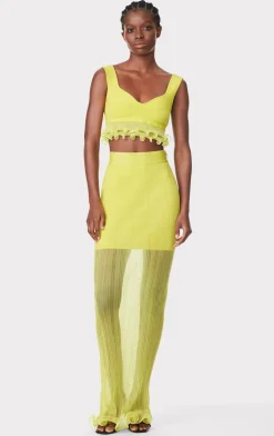 Separates-Hervé Léger SHEER LAYERED MAXI SKIRT WITH RUFFLE CHARTREUSE