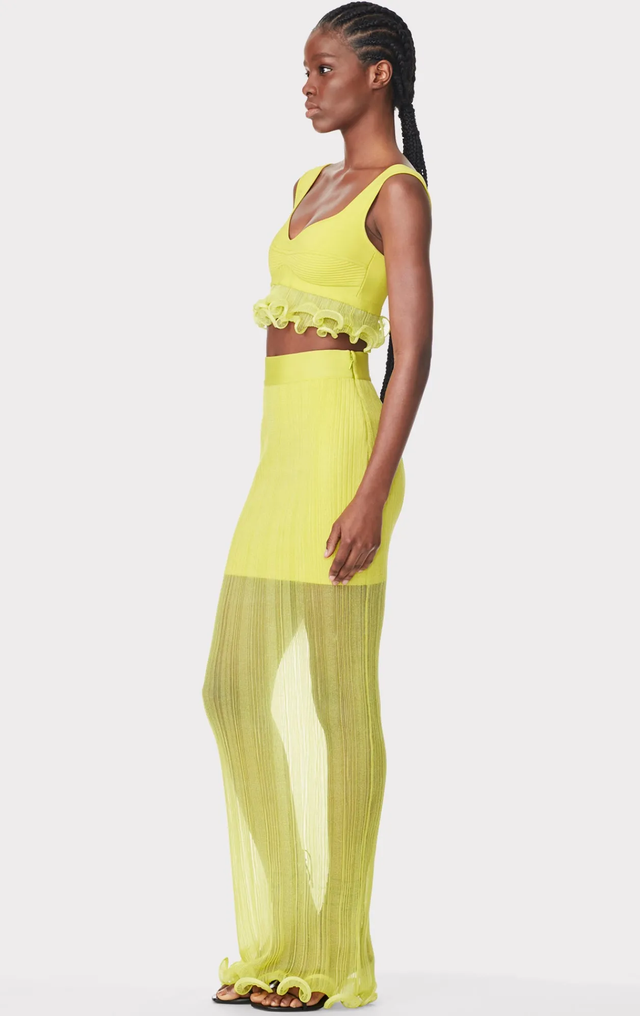 Separates-Hervé Léger SHEER LAYERED MAXI SKIRT WITH RUFFLE CHARTREUSE