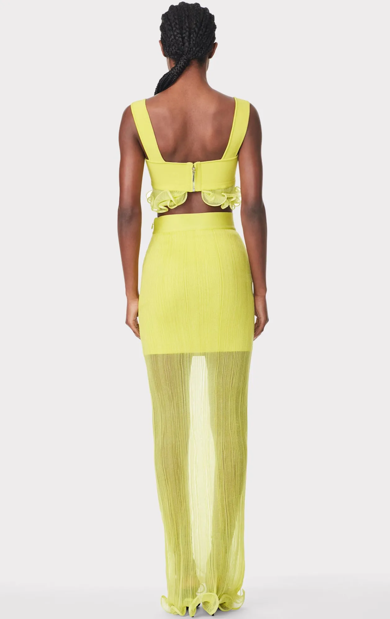 Separates-Hervé Léger SHEER LAYERED MAXI SKIRT WITH RUFFLE CHARTREUSE
