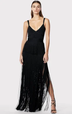Dresses|Gowns-Hervé Léger STRAPPY OTTOMAN FRINGE GOWN BLACK