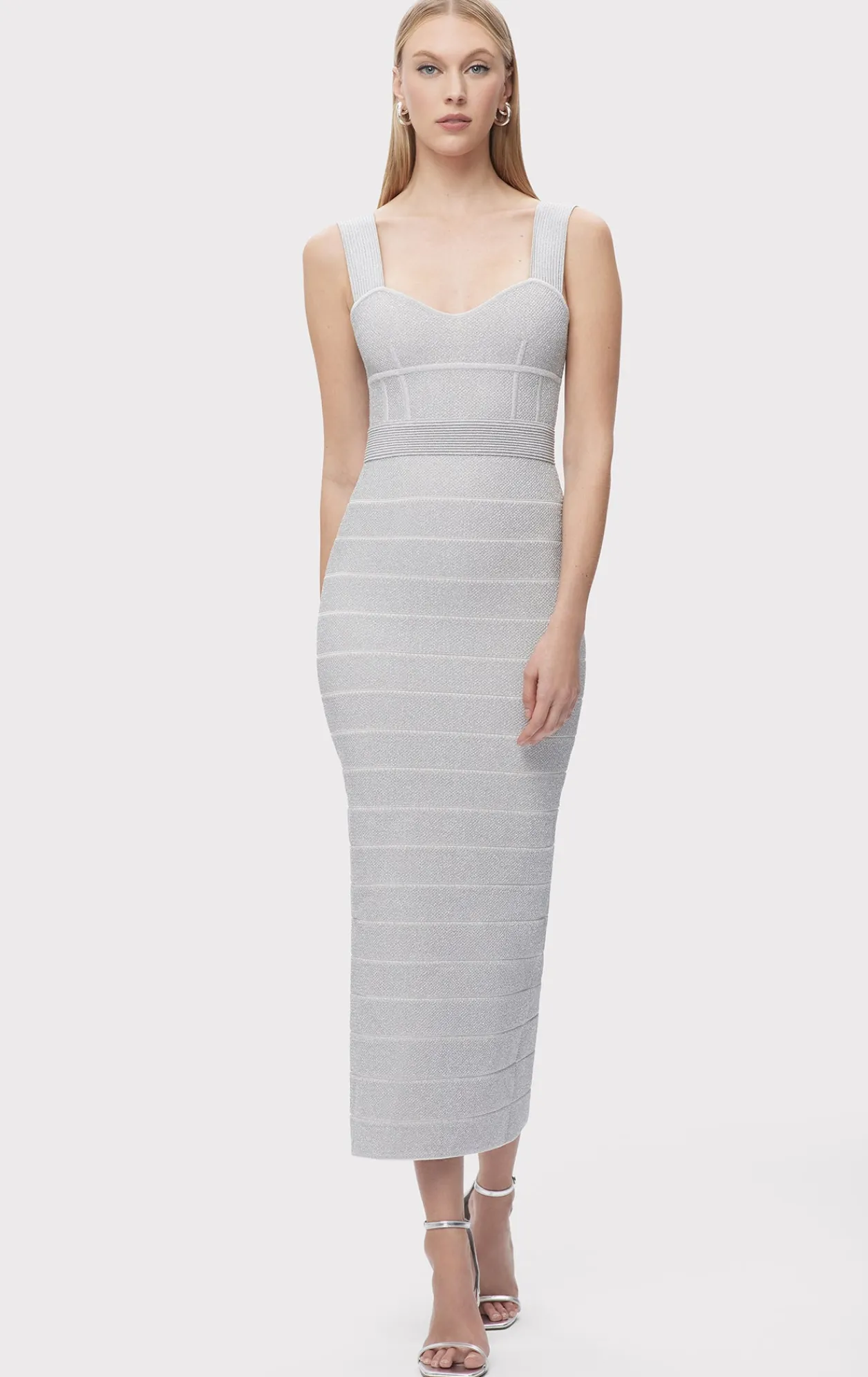 Dresses|Gowns-Hervé Léger TEXTURED LUREX SWEETHEART GOWN METALLIC SILVER