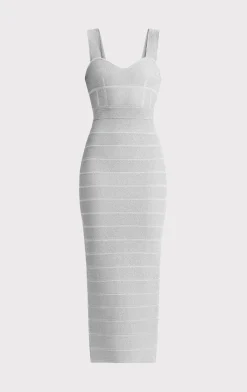 Dresses|Gowns-Hervé Léger TEXTURED LUREX SWEETHEART GOWN METALLIC SILVER