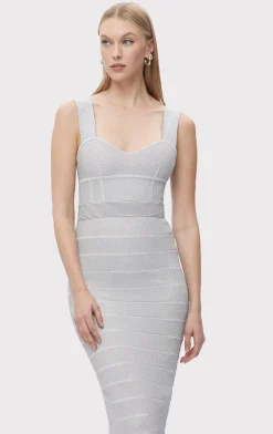Dresses|Gowns-Hervé Léger TEXTURED LUREX SWEETHEART GOWN METALLIC SILVER