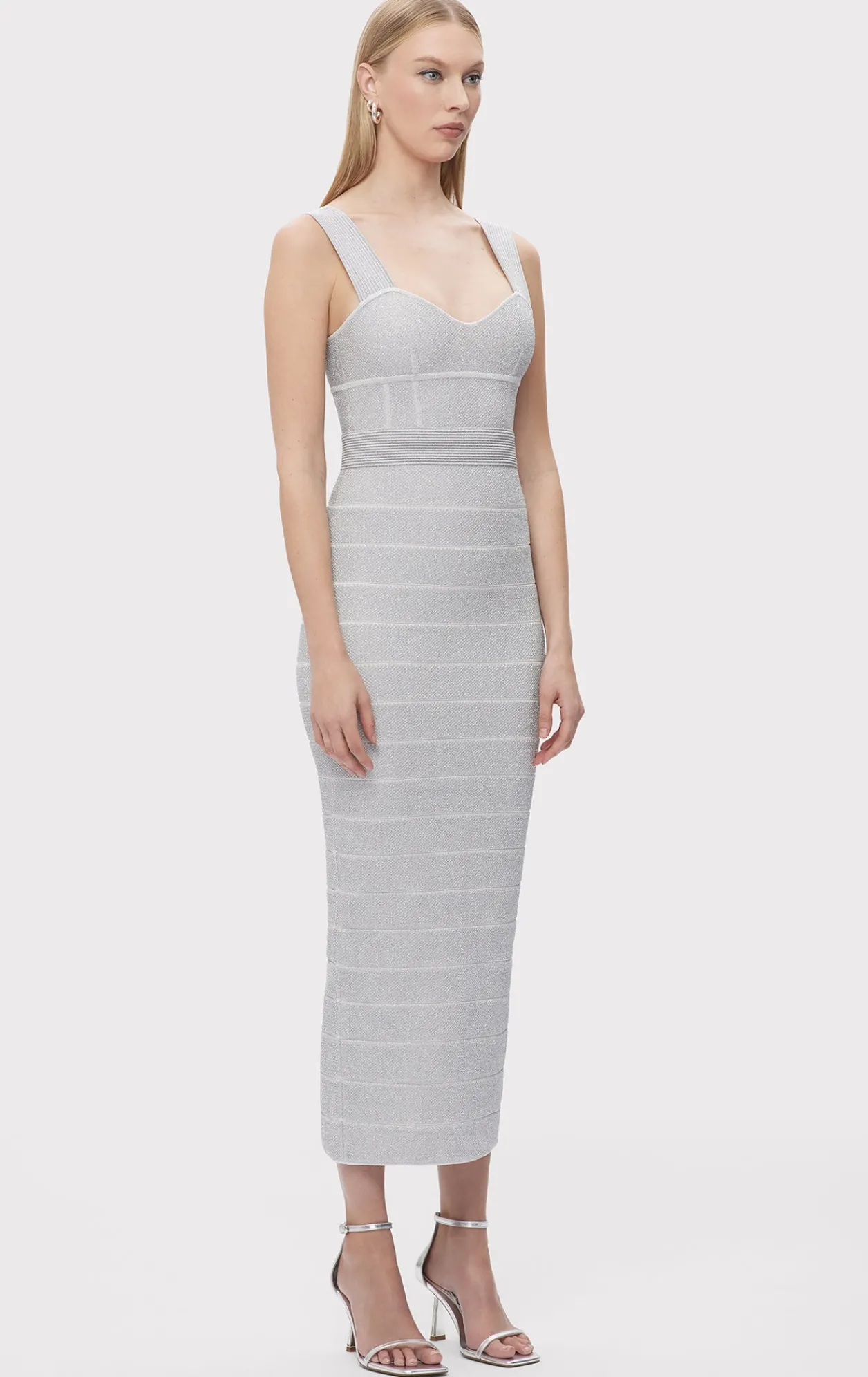 Dresses|Gowns-Hervé Léger TEXTURED LUREX SWEETHEART GOWN METALLIC SILVER