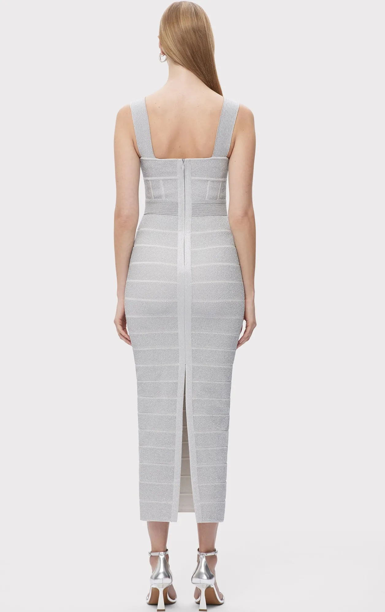 Dresses|Gowns-Hervé Léger TEXTURED LUREX SWEETHEART GOWN METALLIC SILVER