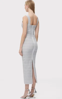 Dresses|Gowns-Hervé Léger TEXTURED LUREX SWEETHEART GOWN METALLIC SILVER